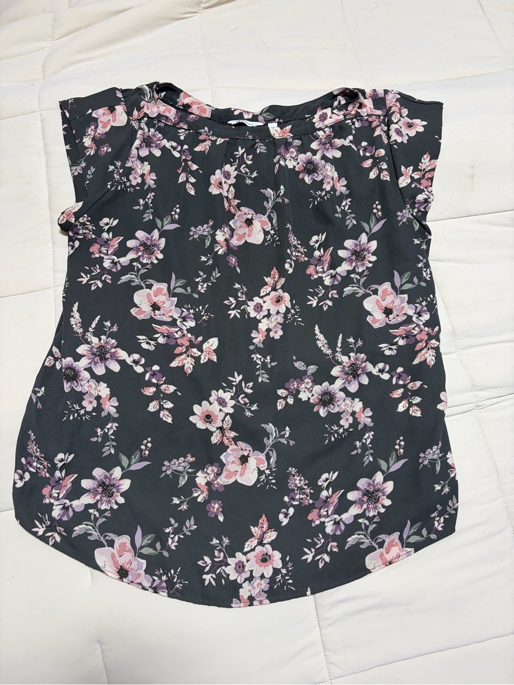 Reitmans Black Floral Cap-Sleeve Blouse with Pink Accents